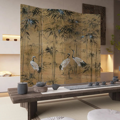 Yellow Double Sided Print Scenic Bamboo Cotton Room Divider Image - 1