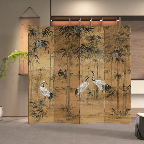 Yellow Double Sided Print Scenic Bamboo Cotton Room Divider Image - 2