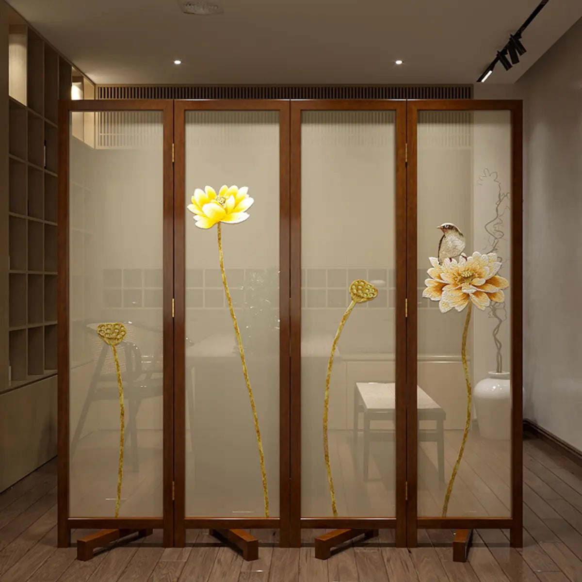 Yellow Floral Double Sided Print Translucent Room Divider Image - 1