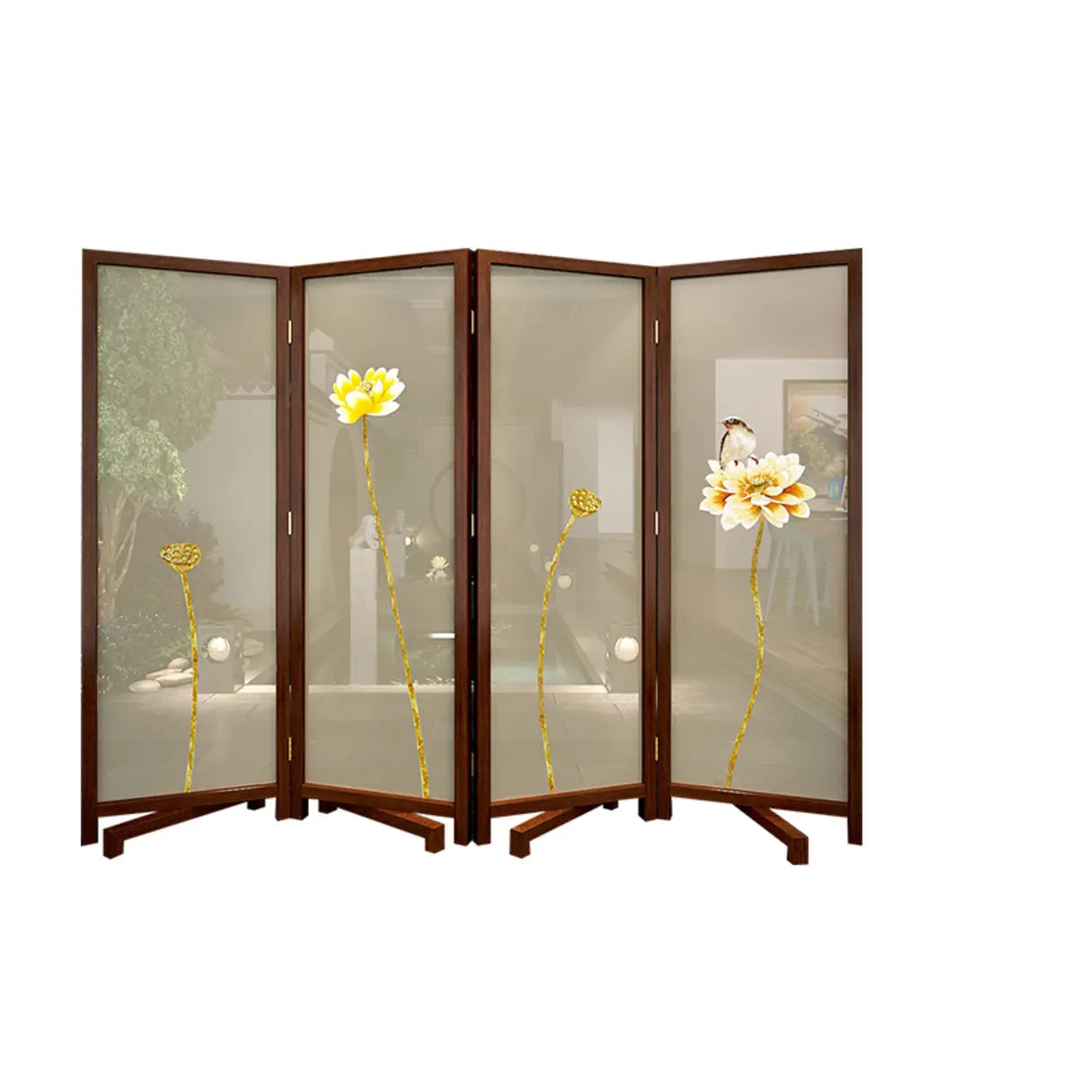 Yellow Floral Double Sided Print Translucent Room Divider Image - 13