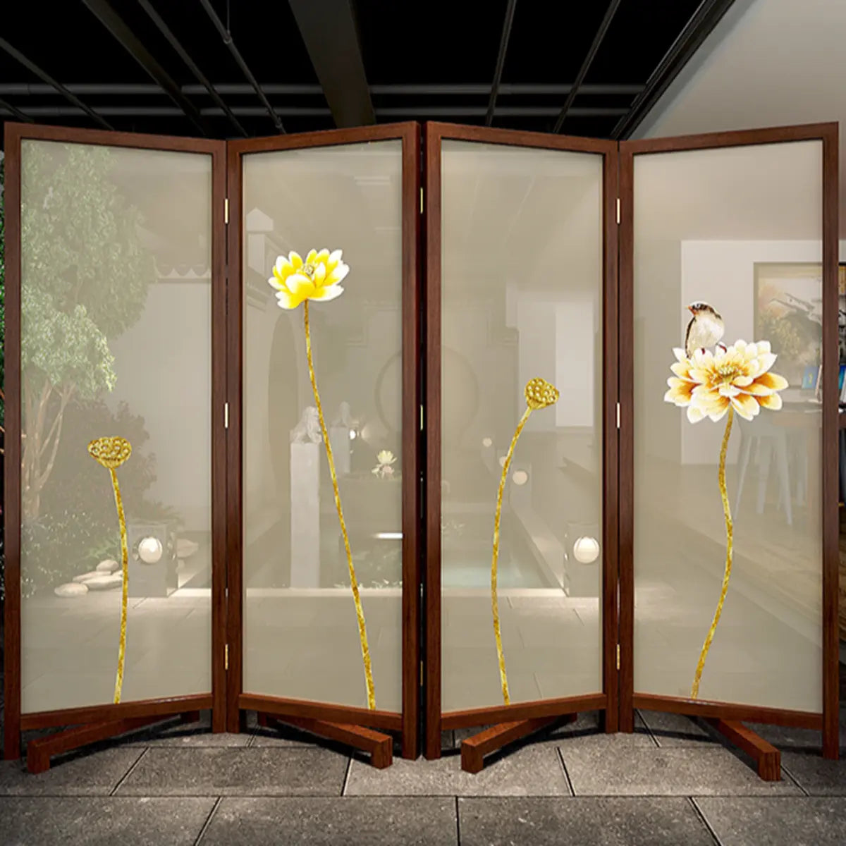 Yellow Floral Double Sided Print Translucent Room Divider Image - 14