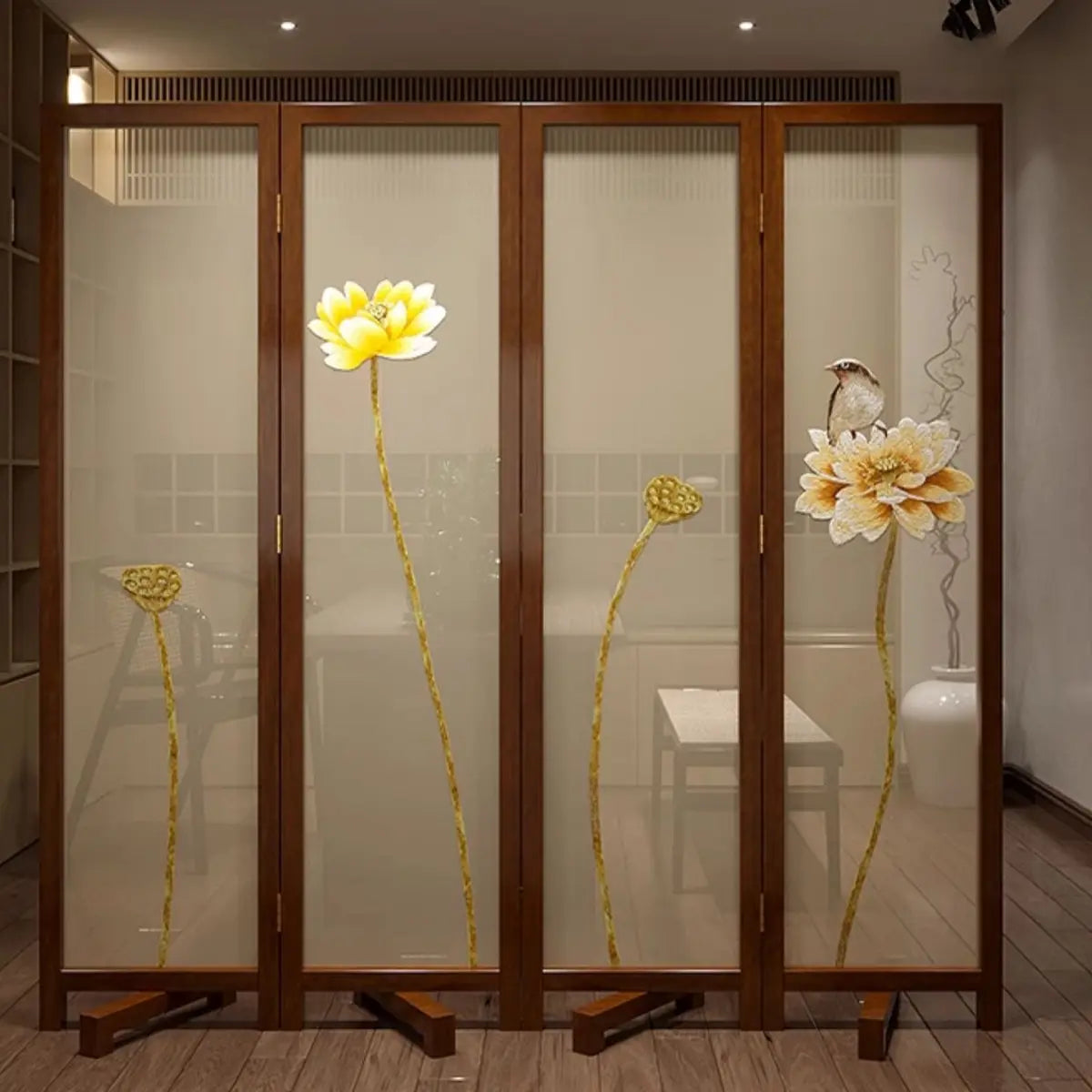 Yellow Floral Double Sided Print Translucent Room Divider Image - 15