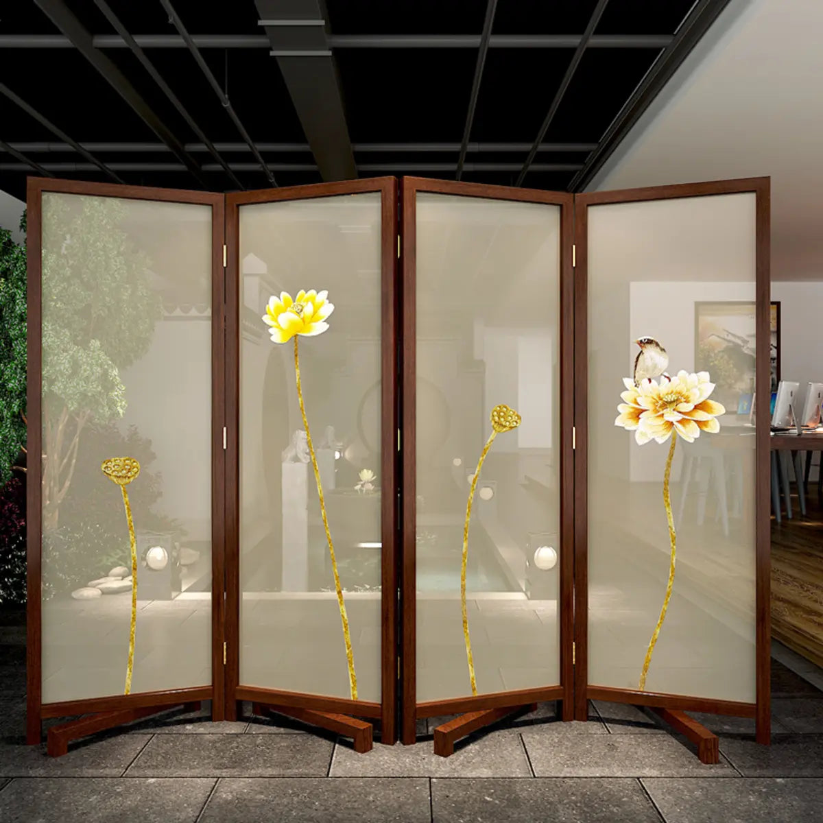 Yellow Floral Double Sided Print Translucent Room Divider Image - 4