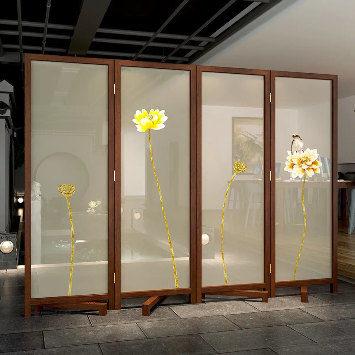 Yellow Floral Double Sided Print Translucent Room Divider Image - 6