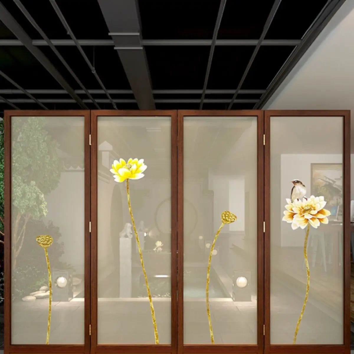 Yellow Floral Double Sided Print Translucent Room Divider Image - 8