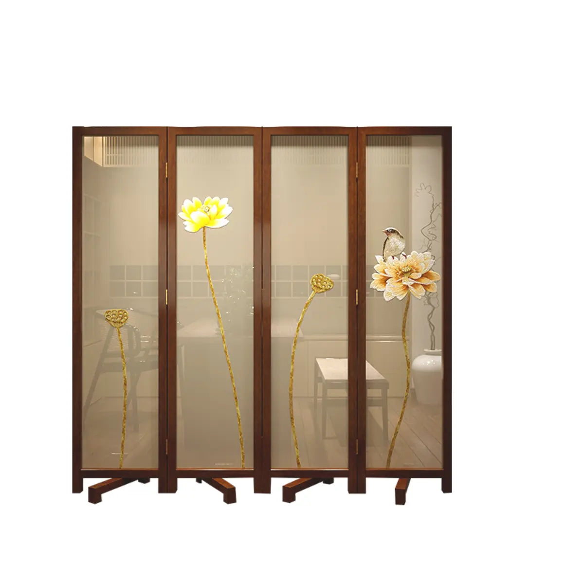 Yellow Floral Double Sided Print Translucent Room Divider Image - 9