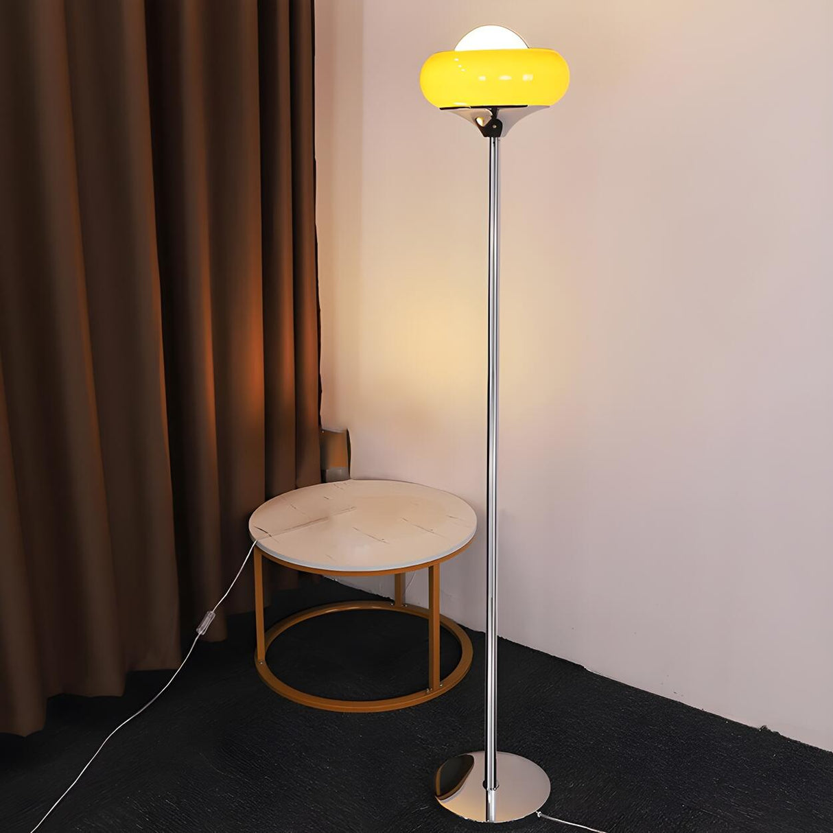 Yellow Glass Round Modern Chrome LED Floor Lamp Image - 1