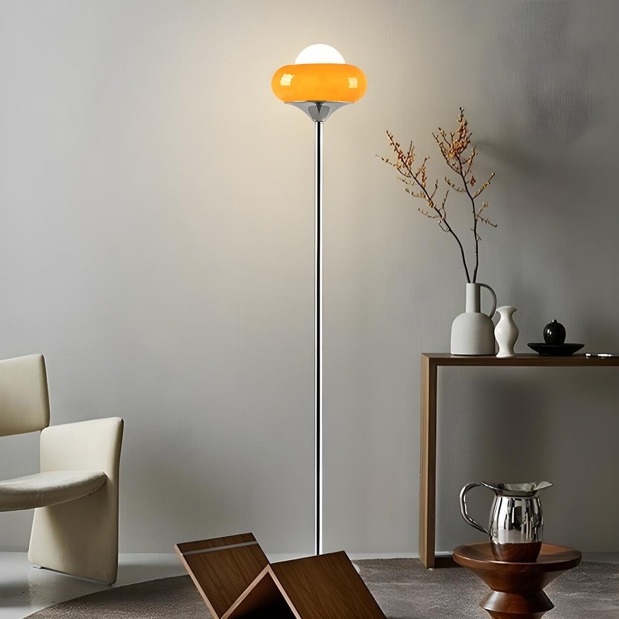 Yellow Glass Round Modern Chrome LED Floor Lamp Image - 11