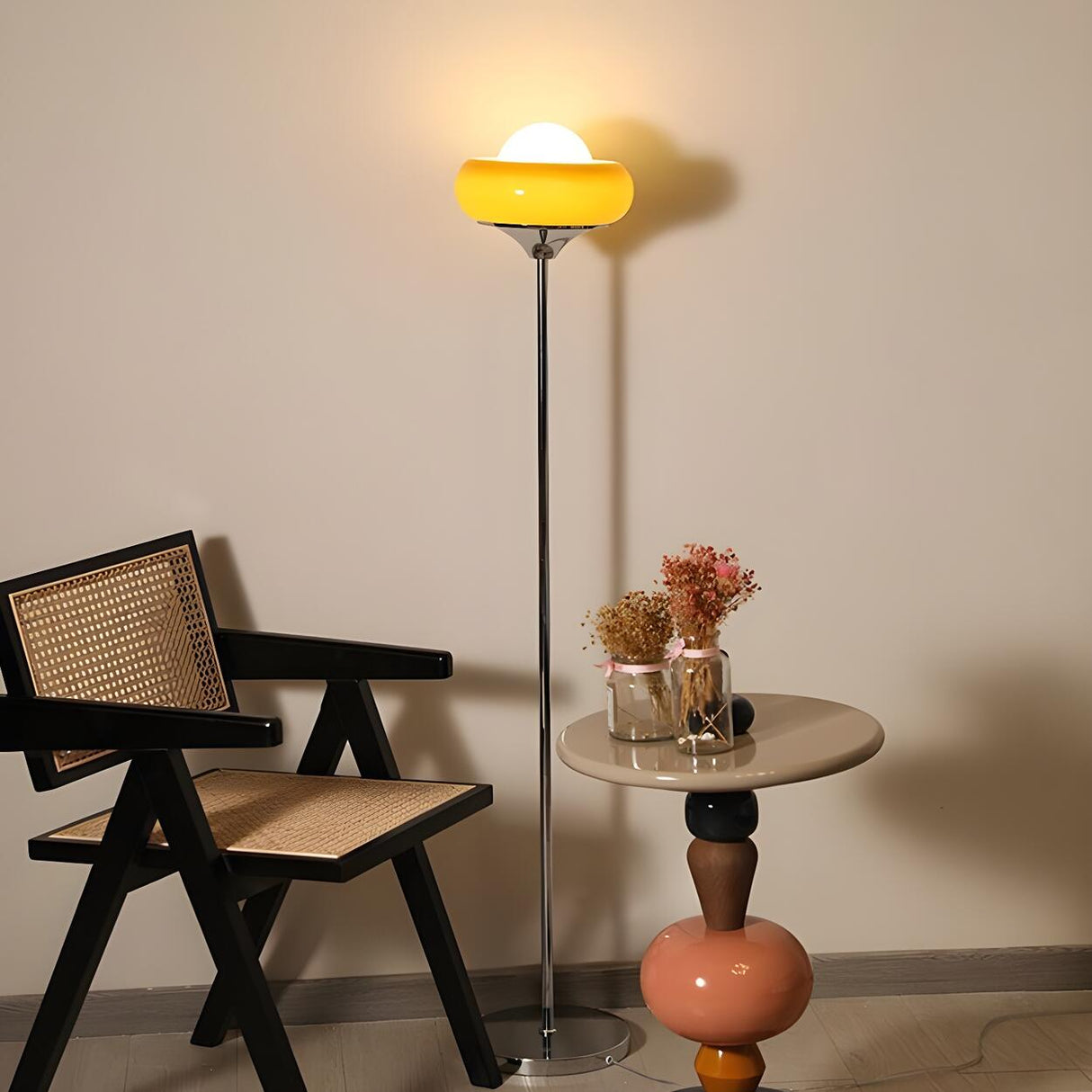 Yellow Glass Round Modern Chrome LED Floor Lamp Image - 3