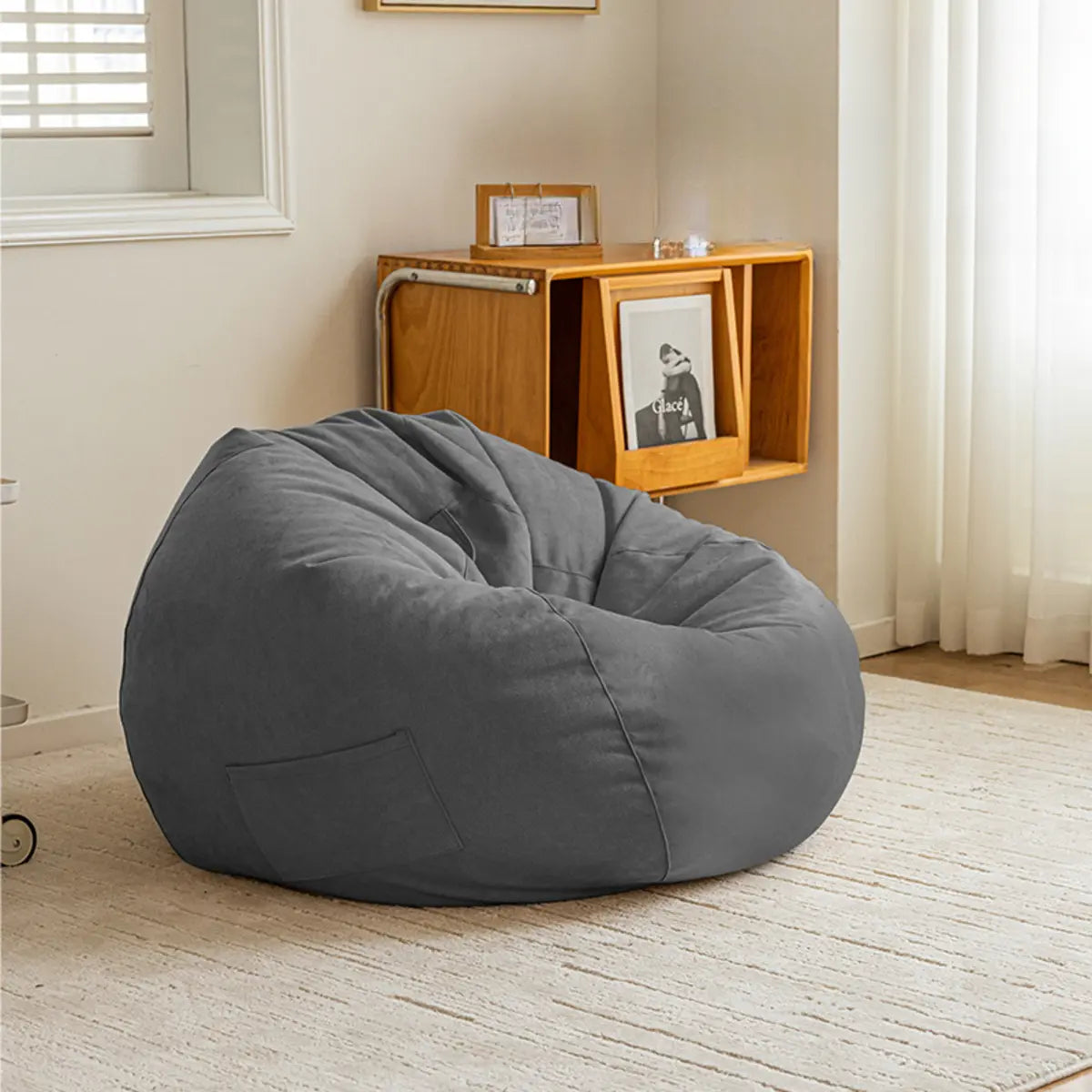 Yellow Large Round Cotton Bean Bag Chair with Storage Image - 11