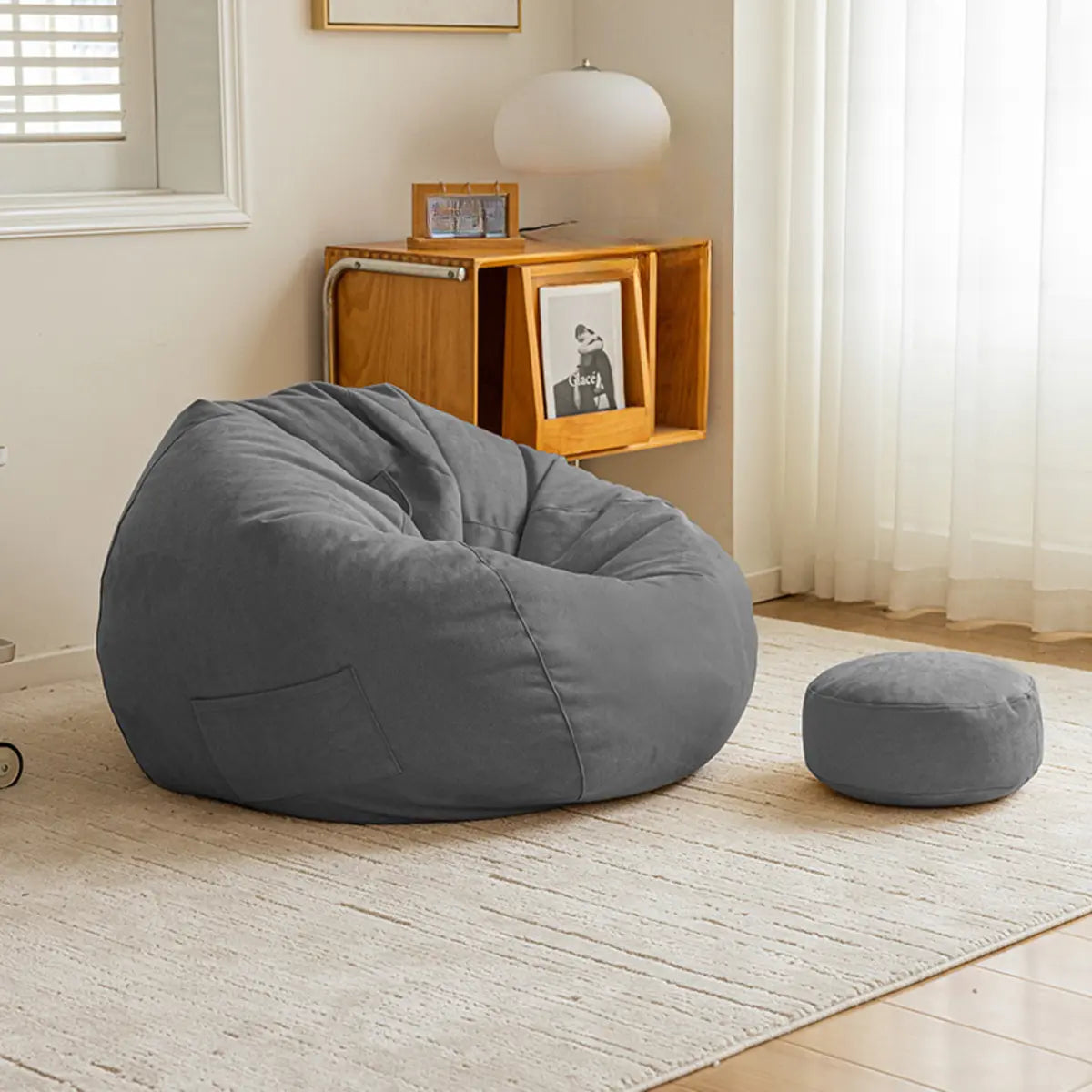 Yellow Large Round Cotton Bean Bag Chair with Storage Image - 8