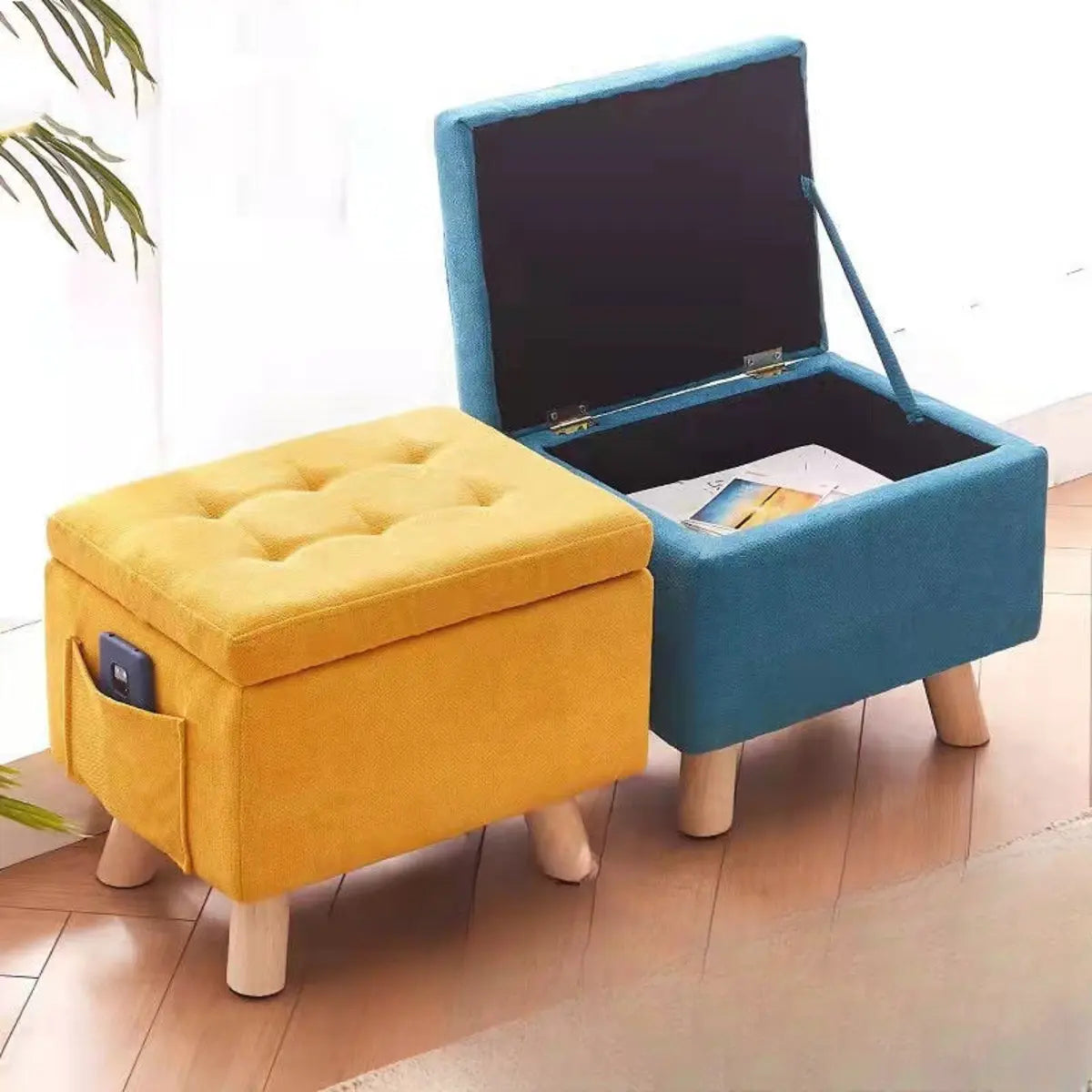 Yellow Rectangular Cotton Medium Tufted Storage Ottoman Image - 1