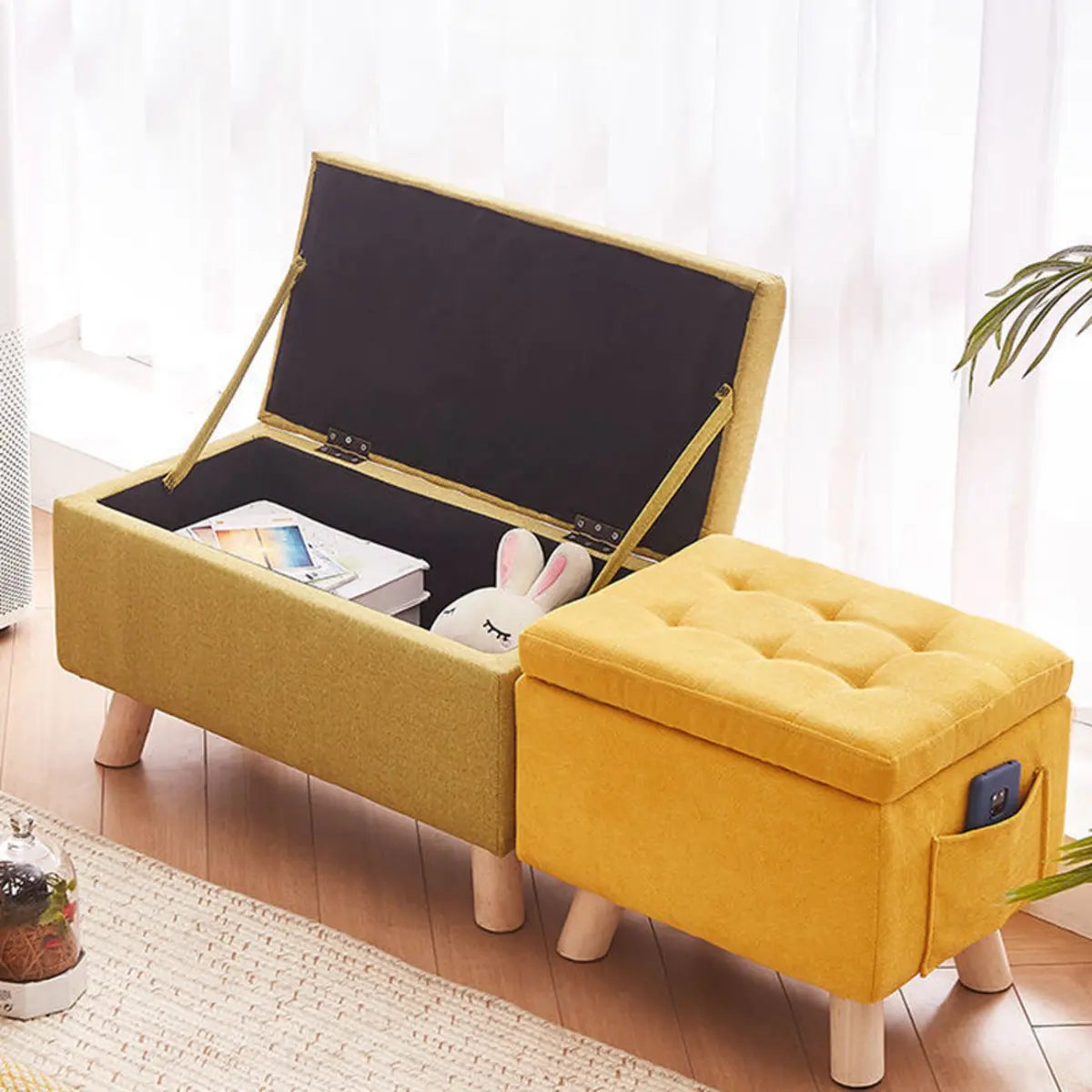 Yellow Rectangular Cotton Medium Tufted Storage Ottoman Image - 4