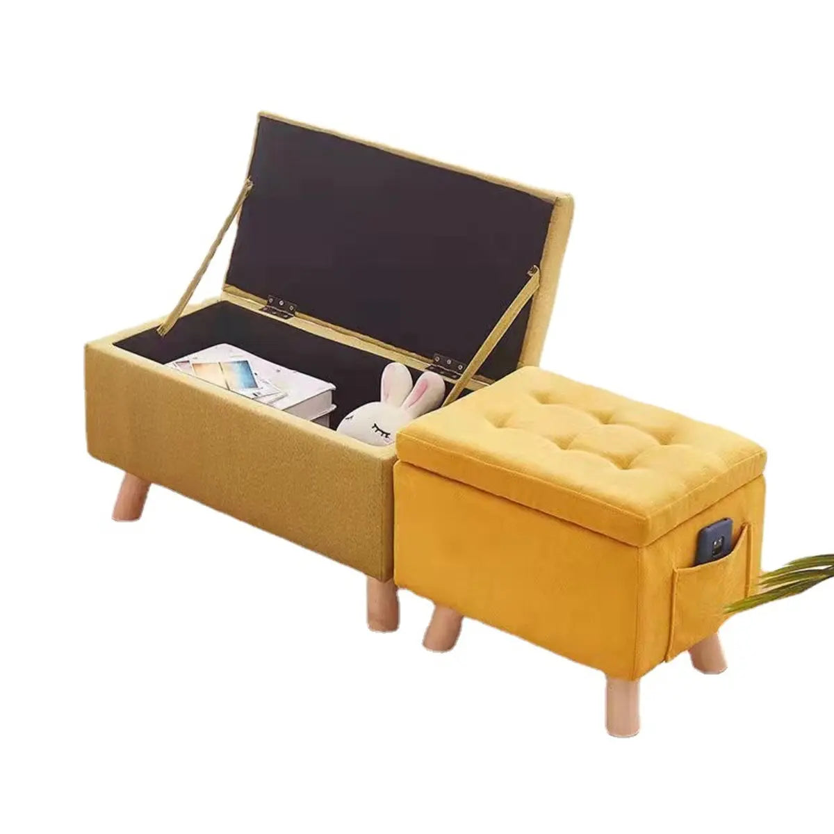 Yellow Rectangular Cotton Medium Tufted Storage Ottoman Image - 5