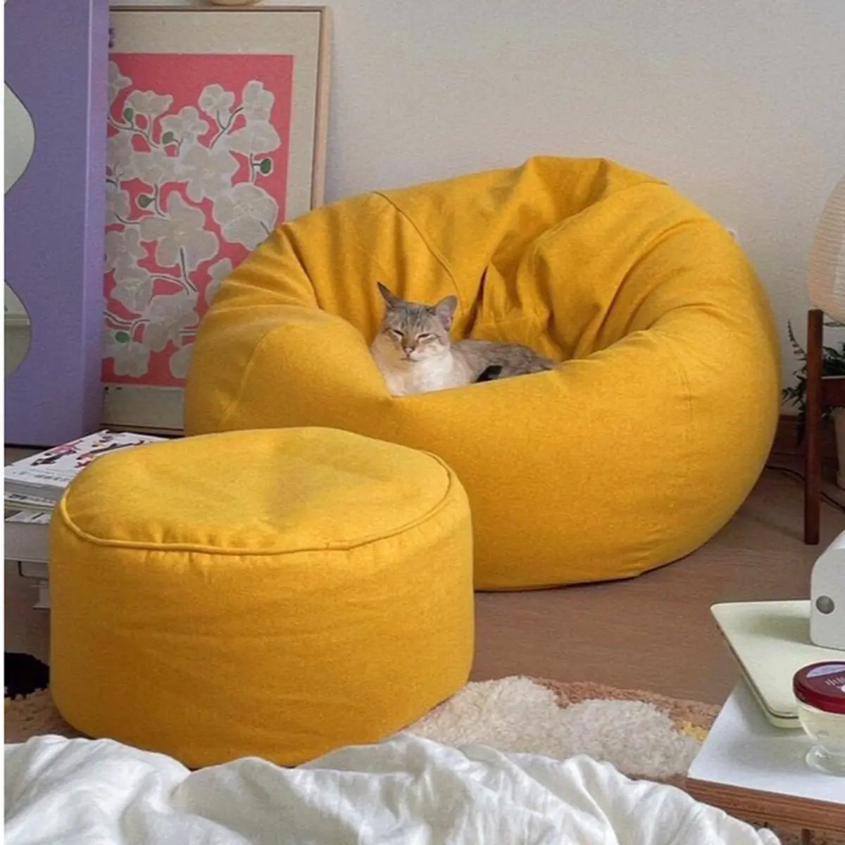 Yellow Round Fabric Washable Bean Bag Chair with Storage Image - 1