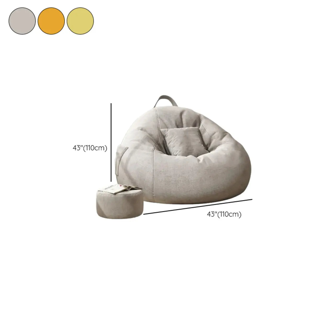 Yellow Round Fabric Washable Bean Bag Chair with Storage 