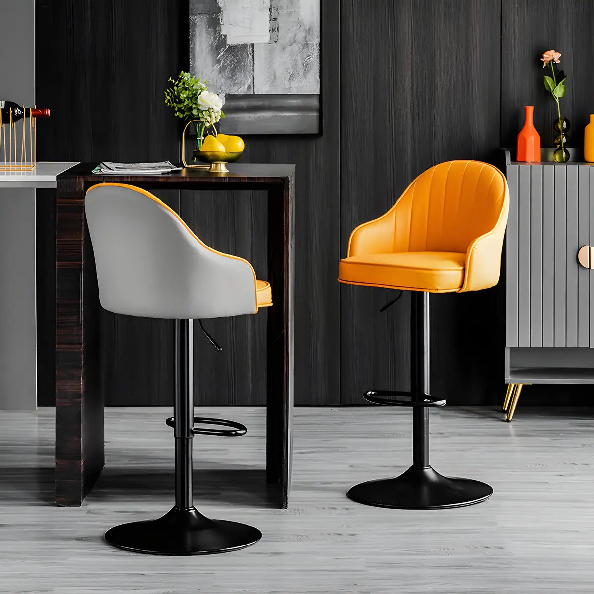 Yellow Round Metal Adjustable PU Leather Bar Stool Image - 19