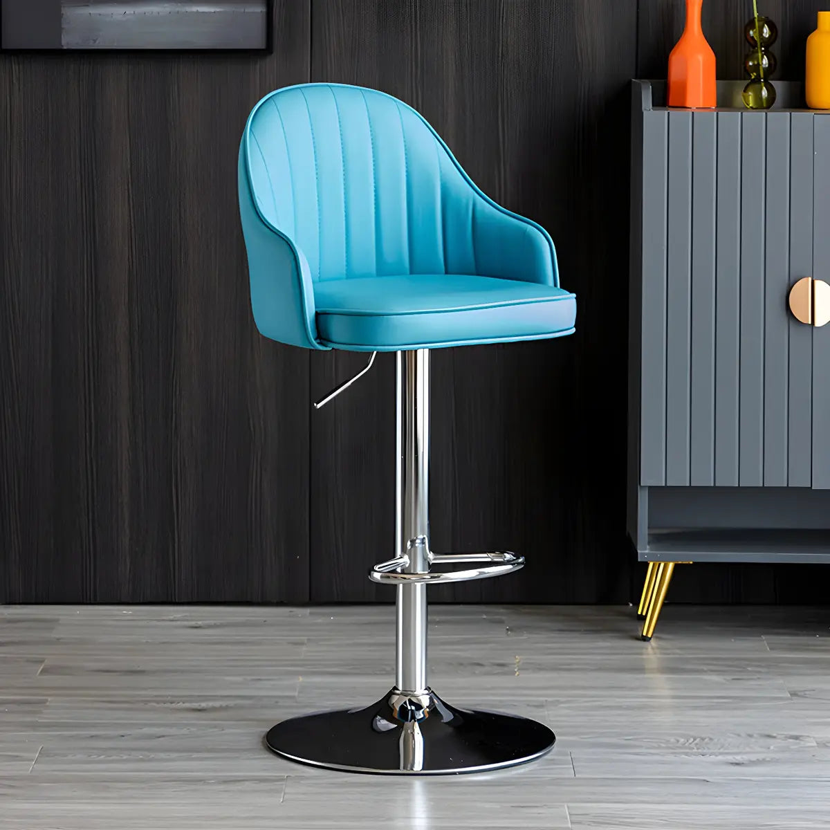 Yellow Round Metal Adjustable PU Leather Bar Stool Image - 27