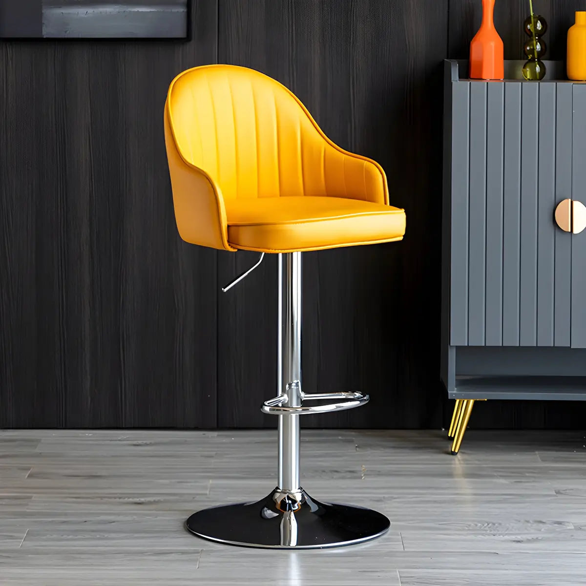 Yellow Round Metal Adjustable PU Leather Bar Stool Image - 47