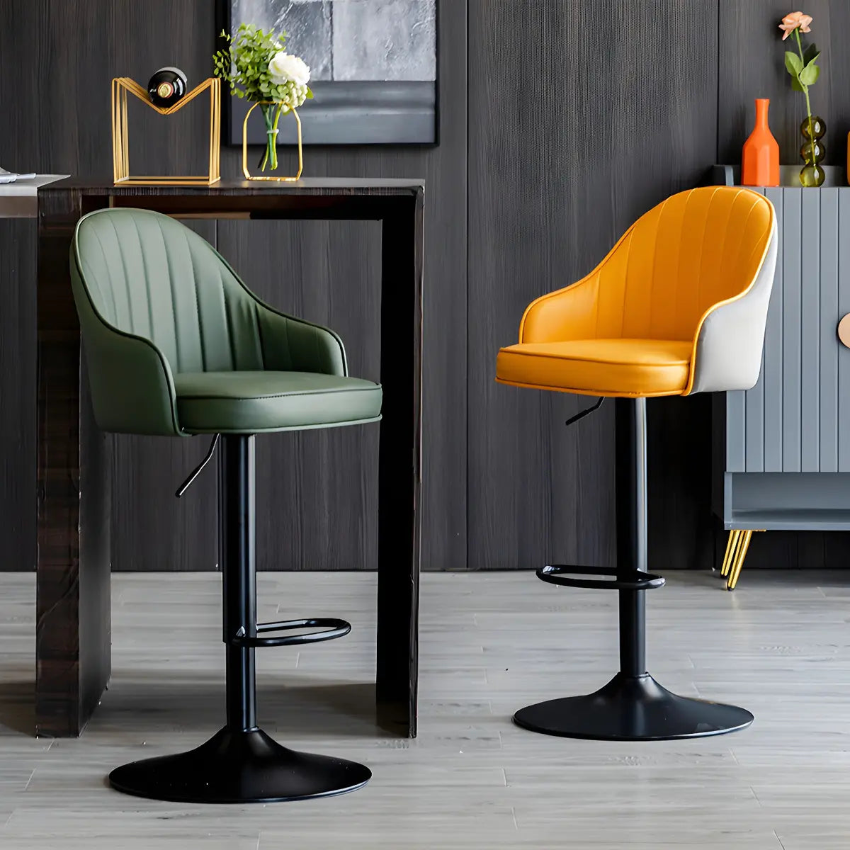 Yellow Round Metal Adjustable PU Leather Bar Stool Image - 5