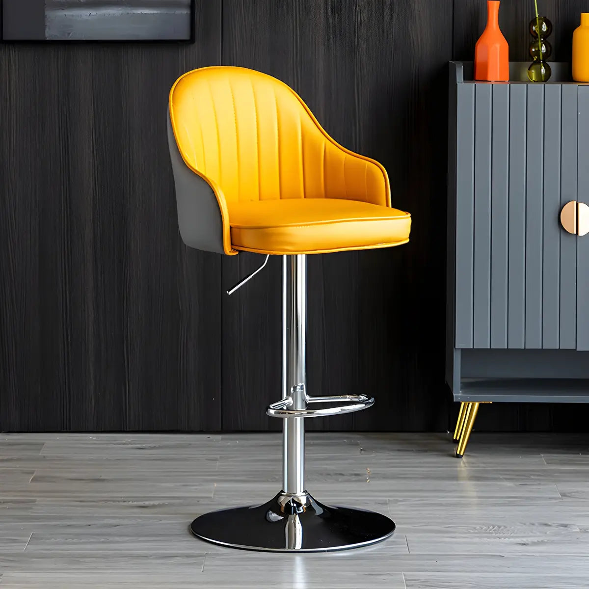 Yellow Round Metal Adjustable PU Leather Bar Stool Image - 66