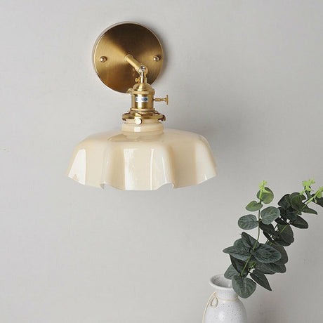 Yellow Scalloped Ceramic Shade Gold Arm Wall Sconce Image - 2