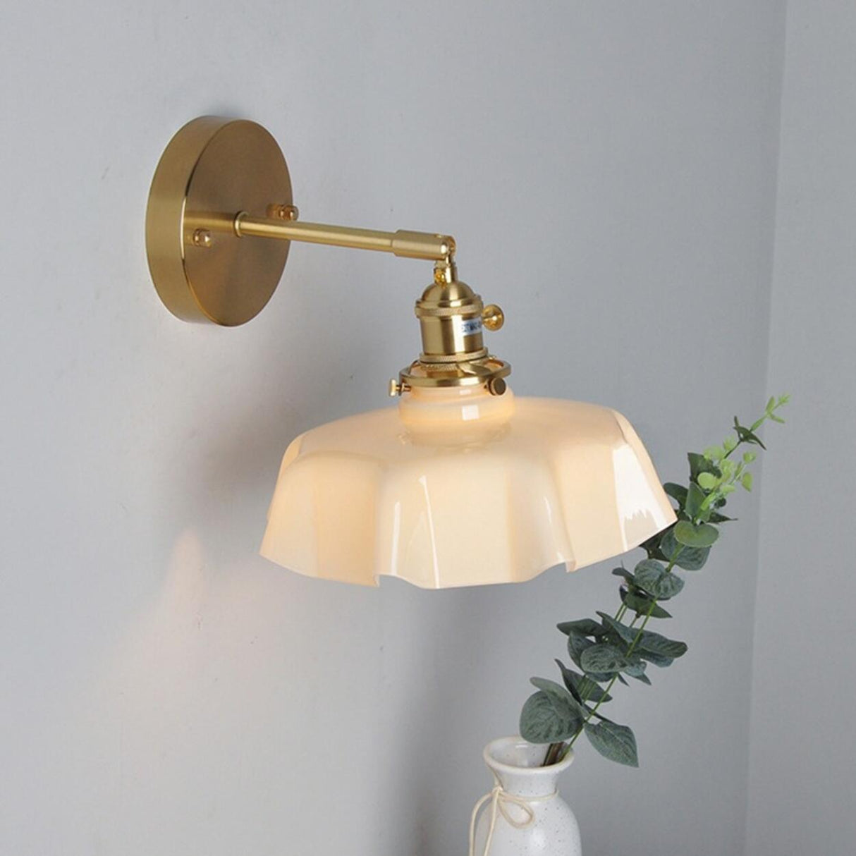 Yellow Scalloped Ceramic Shade Gold Arm Wall Sconce Image - 7