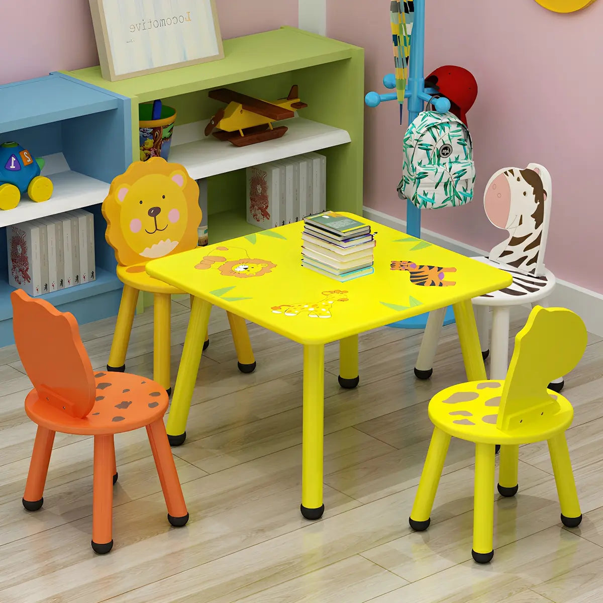 Yellow Wood Round Animal Toddler Play Table Chair Set Image - 11