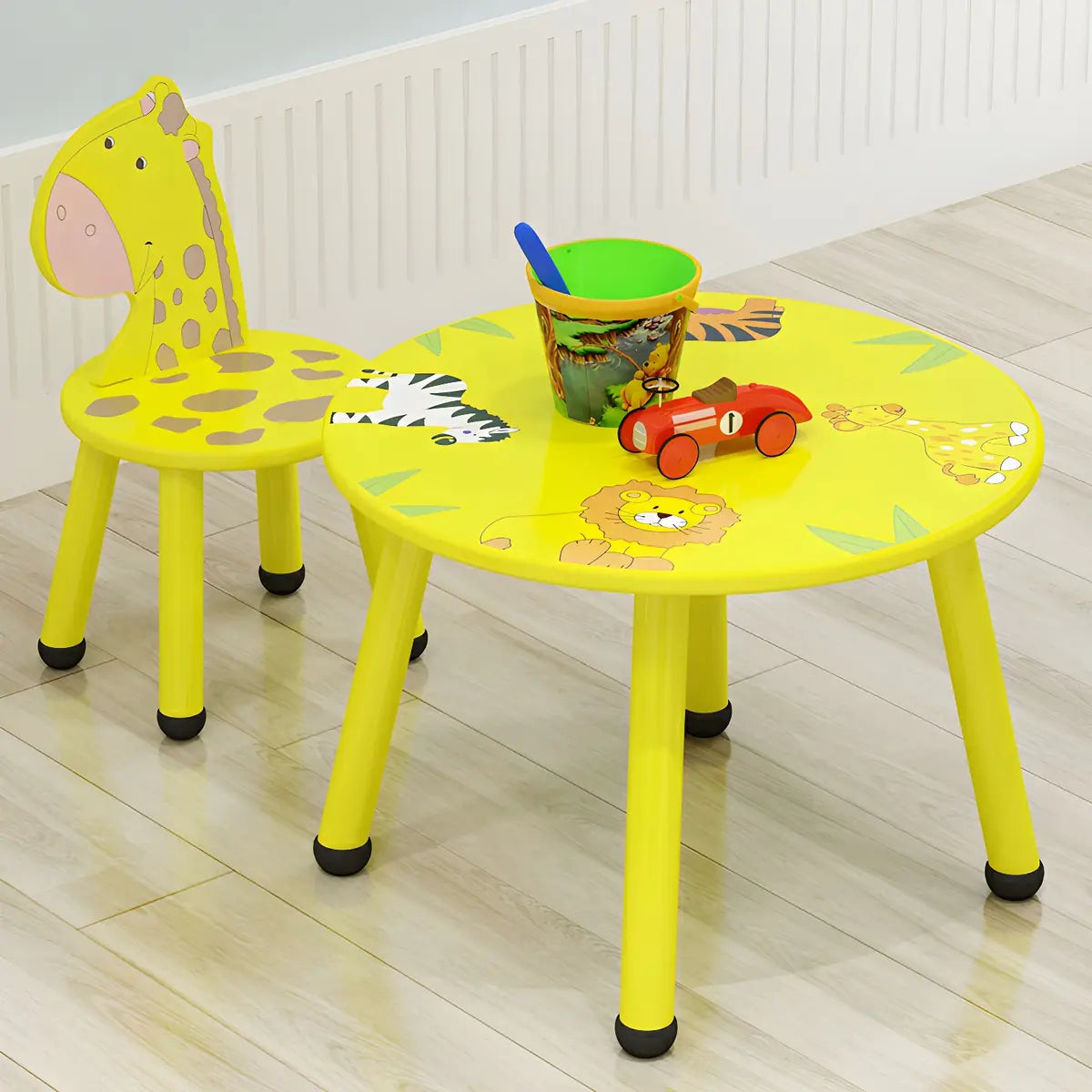 Yellow Wood Round Animal Toddler Play Table Chair Set Image - 4