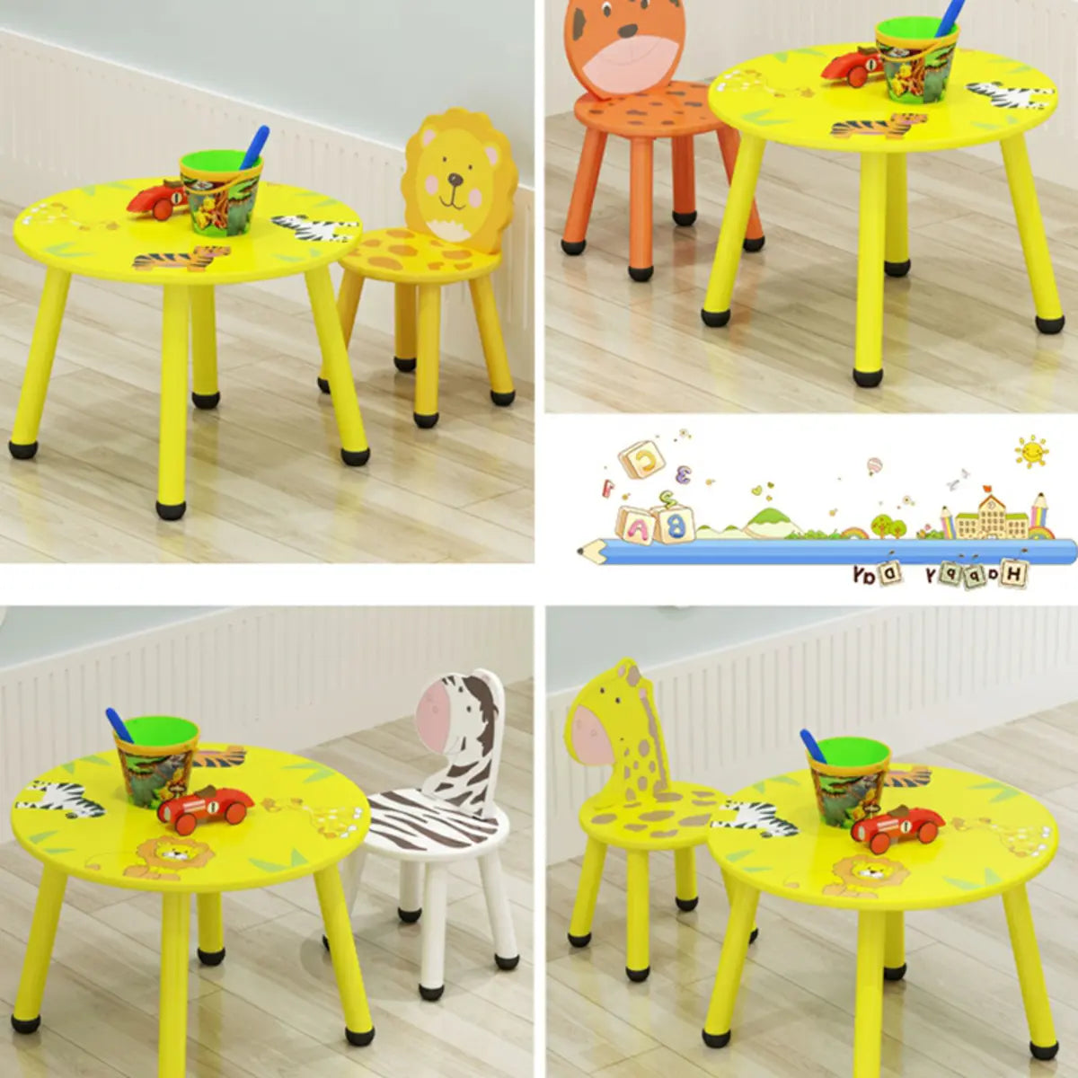 Yellow Wood Round Animal Toddler Play Table Chair Set Image - 8